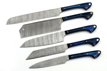 HS-227 Custom Handmade Damascus Kitchen-Chef Knives Set Lot Of Five Pecs With Wood Handle
