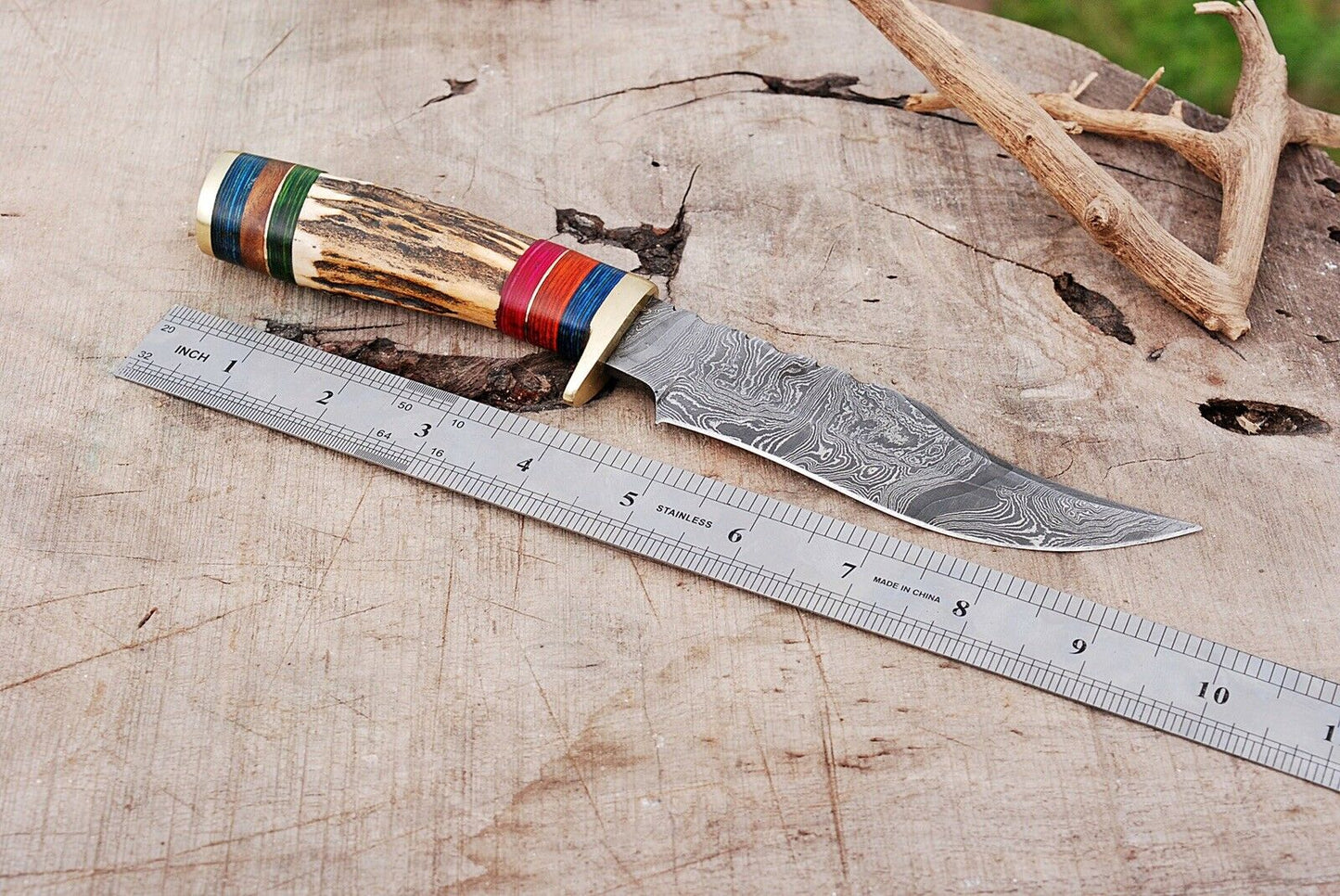 HS-448 | Custom Handmade Damascus Steel Hunting Knife - Stag + Hard Wood Handle