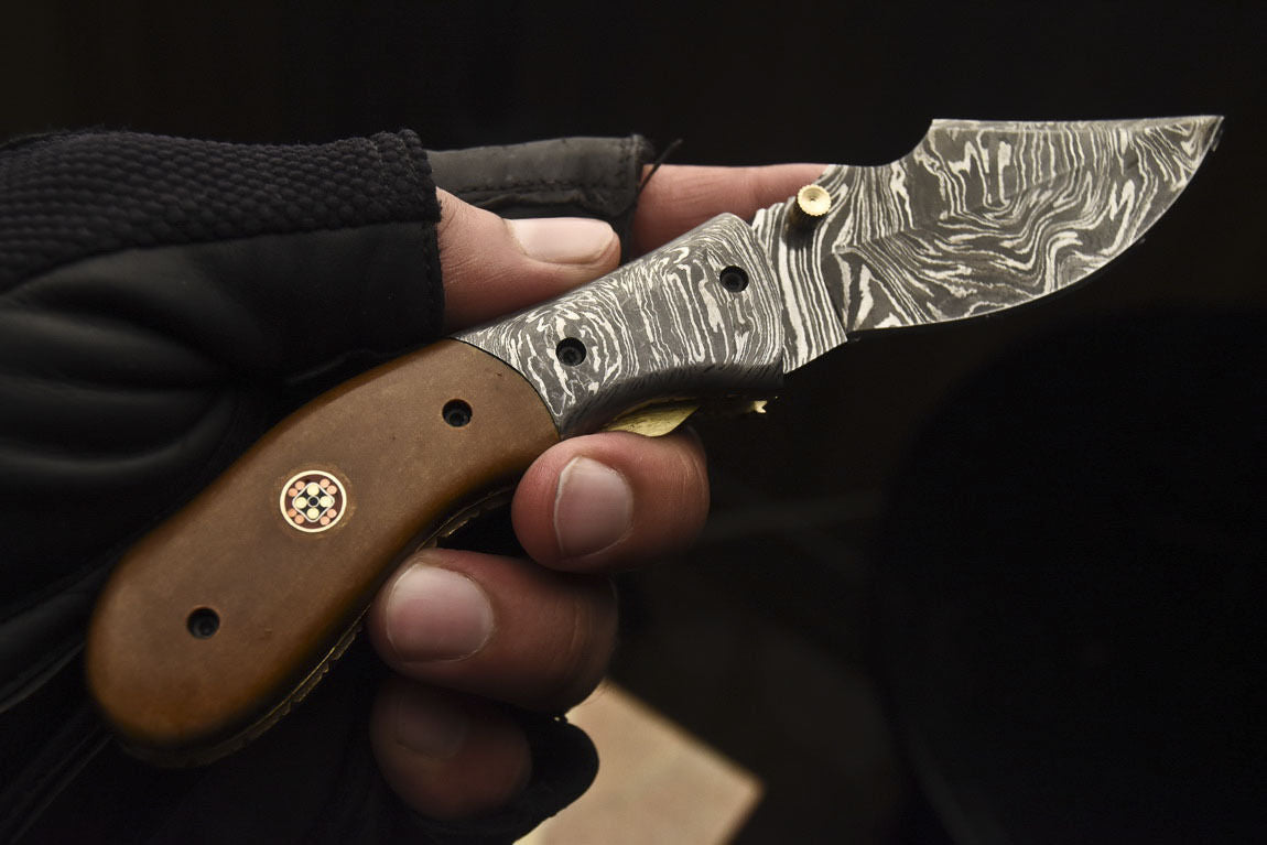 Custom Handmade Damascus Folding/Pocket Knife With  Brown Micarta Handle
