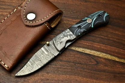Custom Handmade Damascus Steel Blade Liner-Lock Pocket Folding Knife| Corian
