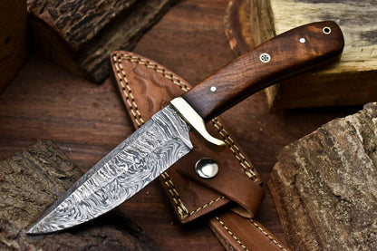 HS-400 | Custom Handmade Damascus Steel Hunting Camping Knife - Beautiful Wood Handle