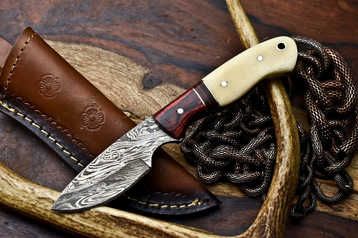 HS-712 Custom Handmade Awesome Camel Bone/Hard Wood Handle Damascus Steel Skinner Knife - Great Price