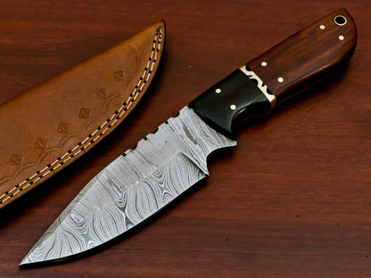 HS-570 HANDMADE DAMASCUS CUSTOM ROSE WOOD/HORN HANDLE SKINNING CAMPING KNIFE