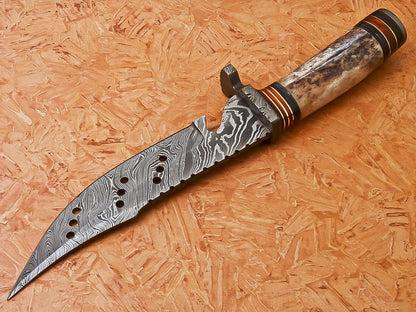 Custom Handmade Damascus Hunting Knife With Camel Bone Handle