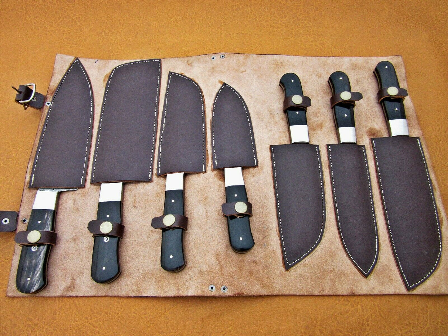 HS-230 Custom Handmade Damascus Kitchen-Chef Knives Set Lot Of 7 Pecs With  Buffalo Horn Handle