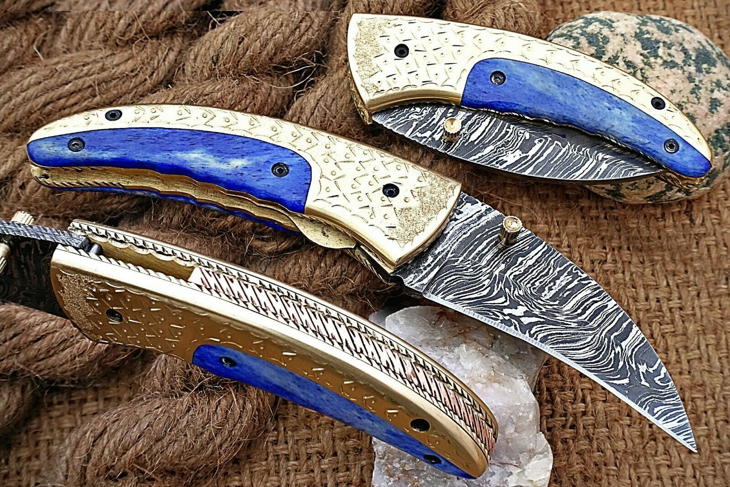 Custom Handmade Damascus Folding-Pocket Knife With Blue Colour Bone+Engraved Handle