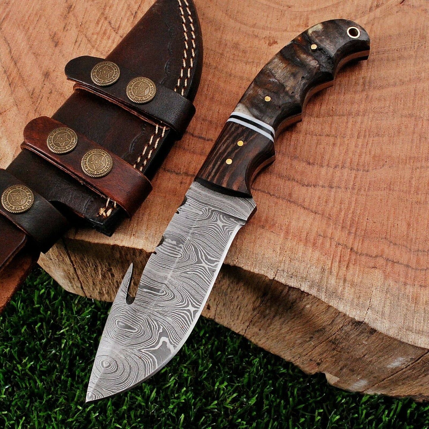 HS-361 ''9" Handmade Damascus Steel Ram Horn Handle Hunting Skinner Knife