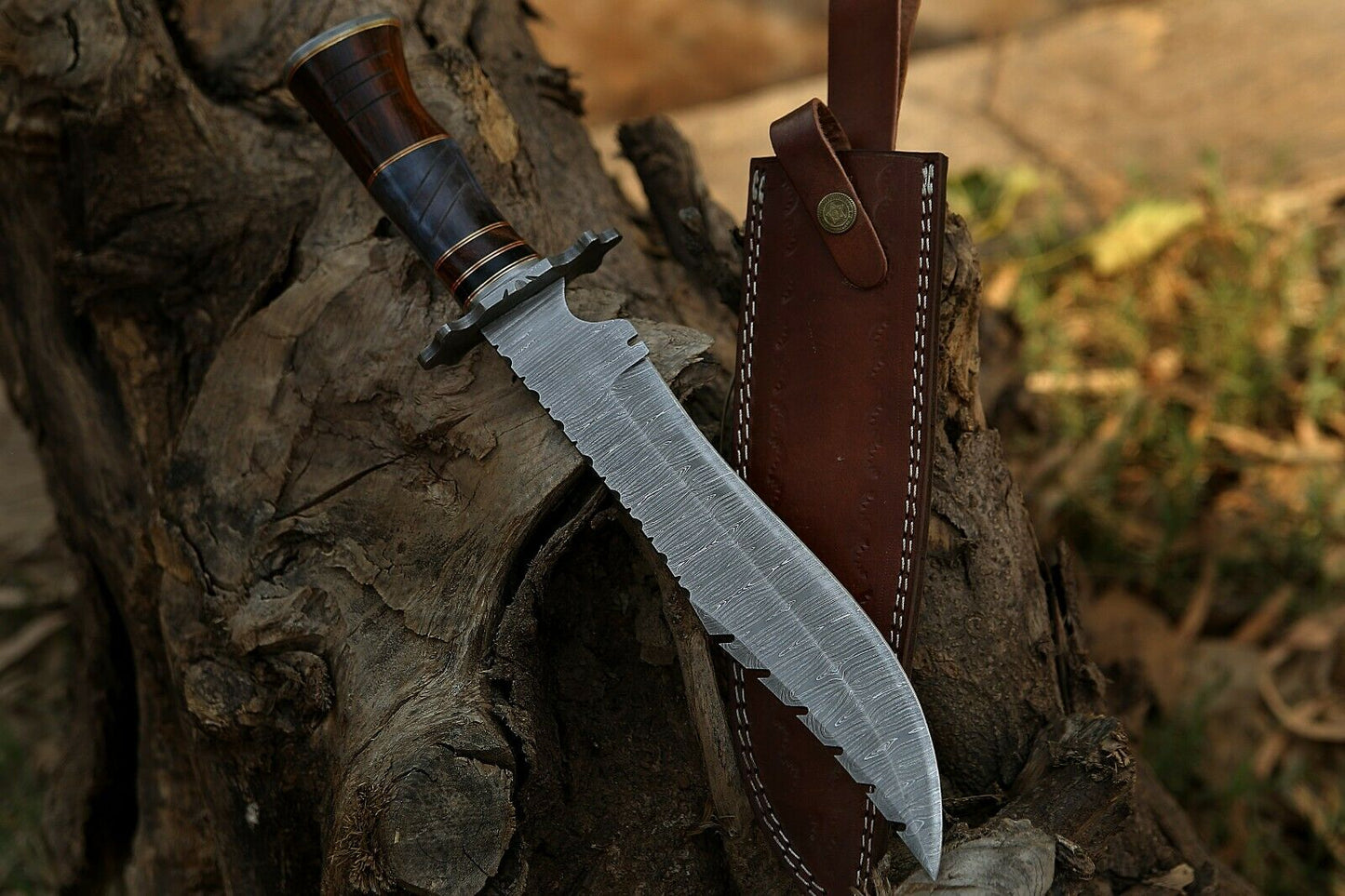 HS-309 '' Damascus Steel Hunting Bowie Knife 15" Walnut Wood And Bone Handle