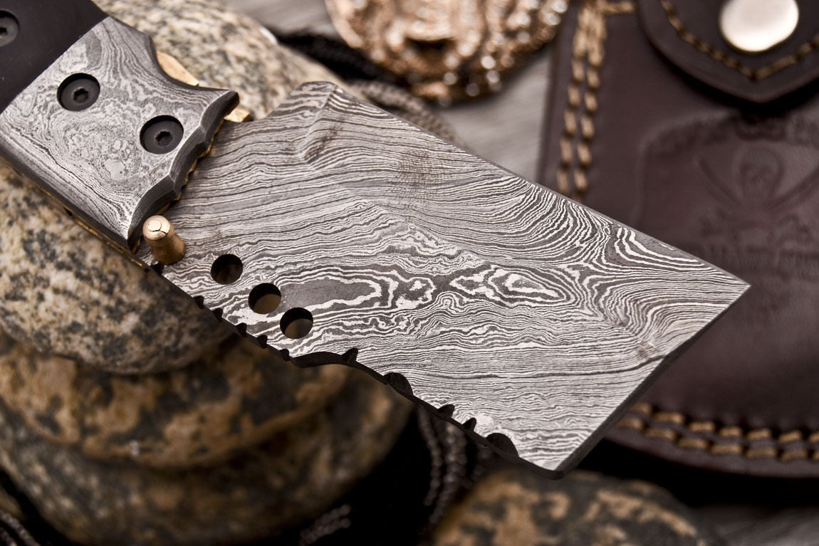Custom Handmade Damascus Folding-Pocket Knife With Black Micarta Handle