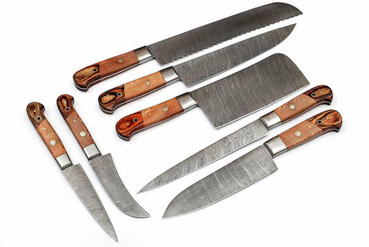 HS-232 Custom Handmade Damascus Kitchen-Chef Knives Set Lot Of 7 Pecs With Wood Handle