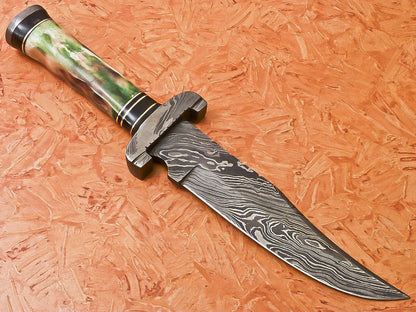 HS-541 Custom Handmade Damascus Hunting Knife With Hard Colored Bone Handle