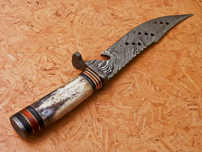 Custom Handmade Damascus Hunting Knife With Camel Bone Handle