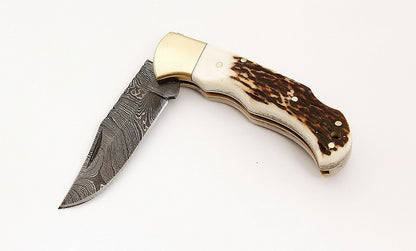 Custom Handmade Damascus Steel Back-Lock Pocket | Folding Knife | Leather Sheath-STAG HORN  Handle