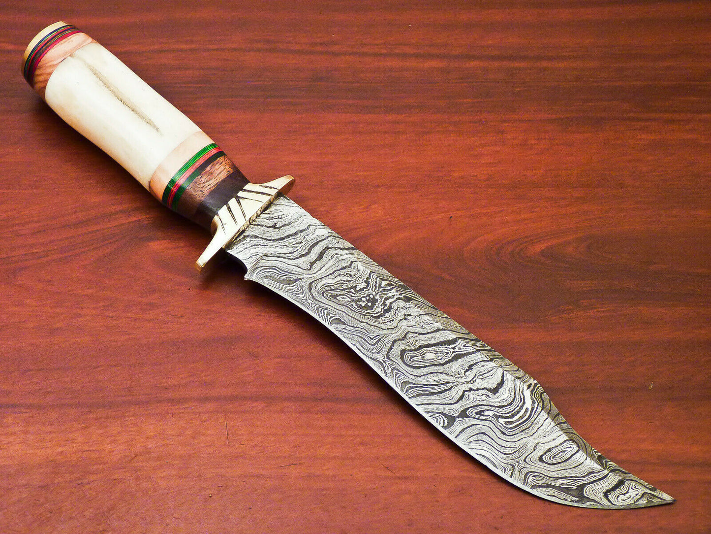HS-515 Custom Handmade Damascus Bowie/Hunting Knife With Bone & Wood Handle