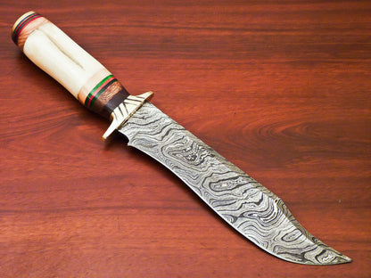 HS-515 Custom Handmade Damascus Bowie/Hunting Knife With Bone & Wood Handle