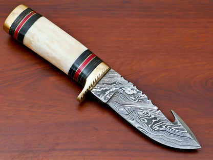 HS-509  Custom Handmade Damascus Skinner/Hunting Knife With Camel Bone & Hard Wood Handle