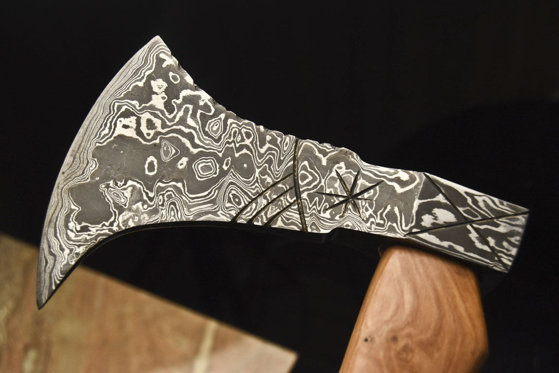 HS-1083 | Custom Handmade Damascus Tomahawk knife, Hatchet, Axe,Integral Natural Wood