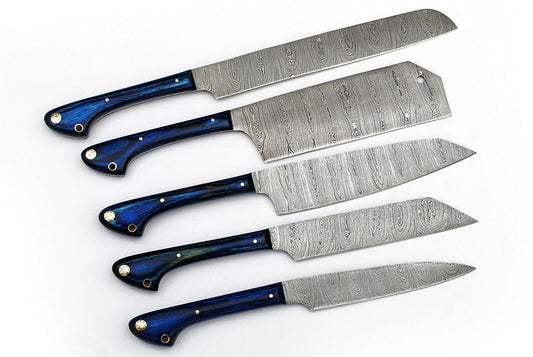 HS-227 Custom Handmade Damascus Kitchen-Chef Knives Set Lot Of Five Pecs With Wood Handle