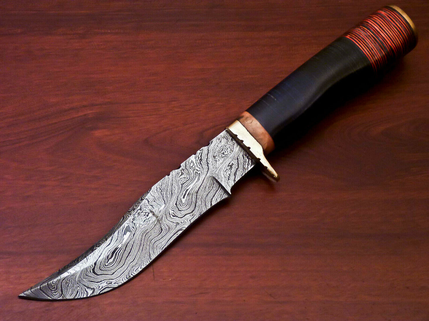 HS-516 Custom Handmade Damascus Hunting Knife With Black Hard Wood & Leather Handle