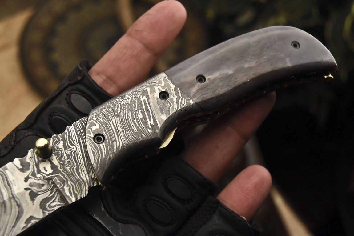 Custom Handmade Damascus Folding/Pocket Knife With Awesome Black Bone Handle