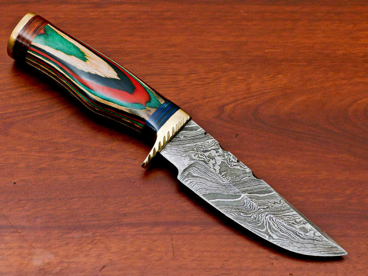 HS-508 Custom Handmade Damascus Hunting/Skinner Knife With Three Shade Colour Hard Wood Handle