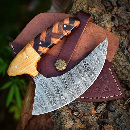 HS-1027 Damascus Chef Kitchen Ulu Knife, Handmade Damascus Pizza Cutter, Personalized Gift USA Made Top Quality Knife