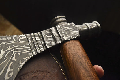 HS-1084 | Custom Handmade Damascus Tomahawk knife, Hatchet, Axe,Integral Natural Wood