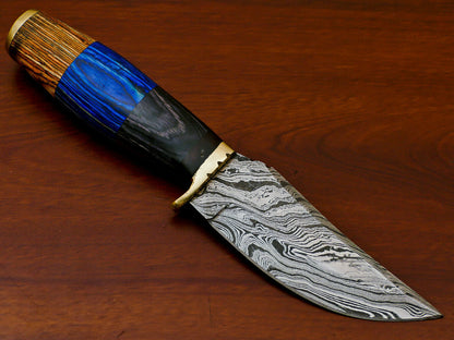 HS-811 Custom Handmade Damascus Skinner Knife With Three Shade Colour  Hard Wood Handle