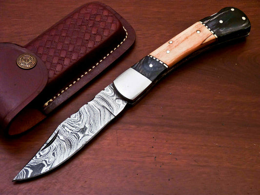 Custom Handmade Damascus Steel Back-Lock Pocket | Folding Knife | Leather Sheath - Camel Bone Handle