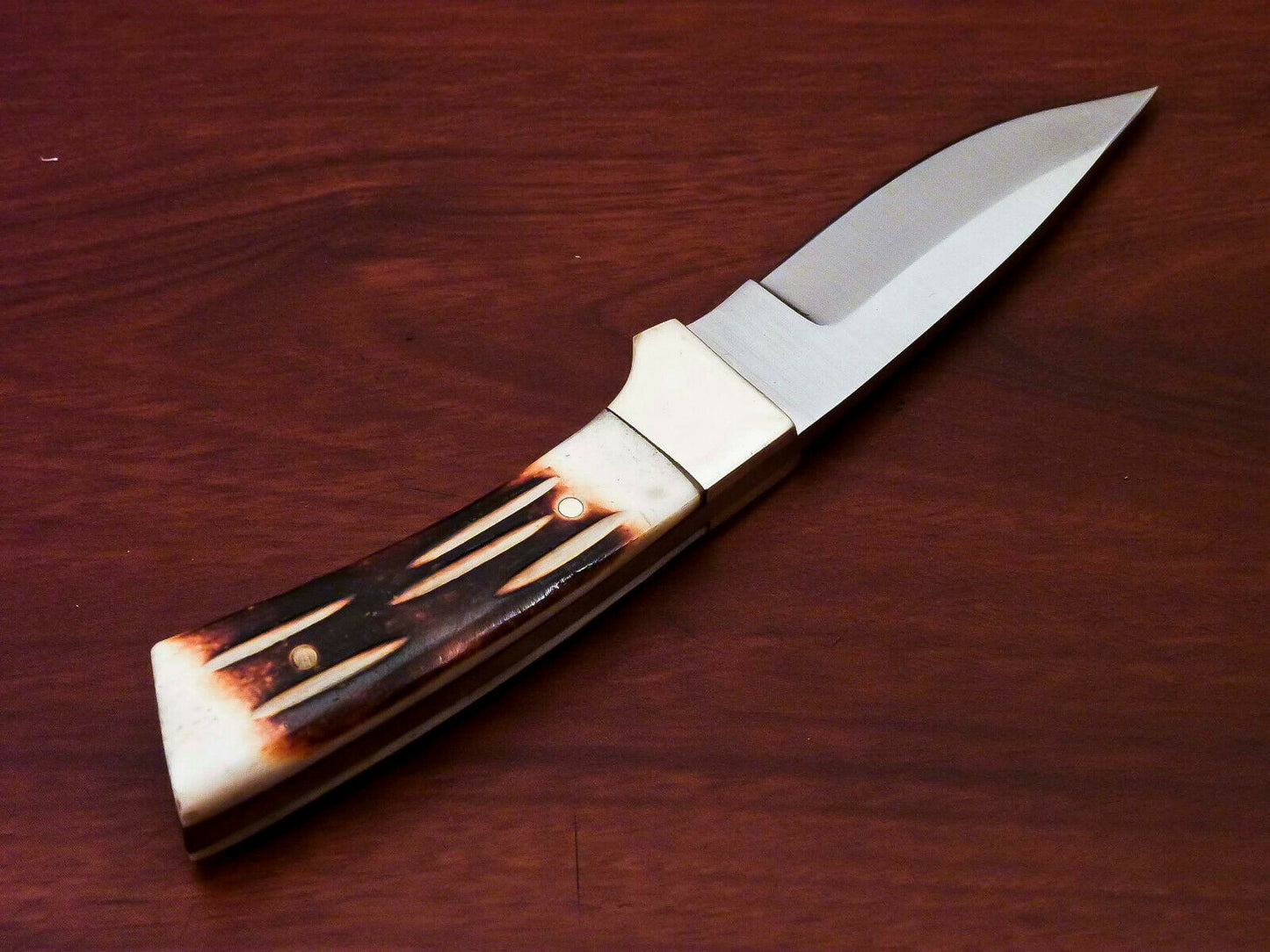 HS-807 Custom Handmade Damascus Skinner Knife With Engraved Burn Bone Handle