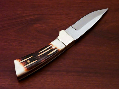 HS-807 Custom Handmade Damascus Skinner Knife With Engraved Burn Bone Handle