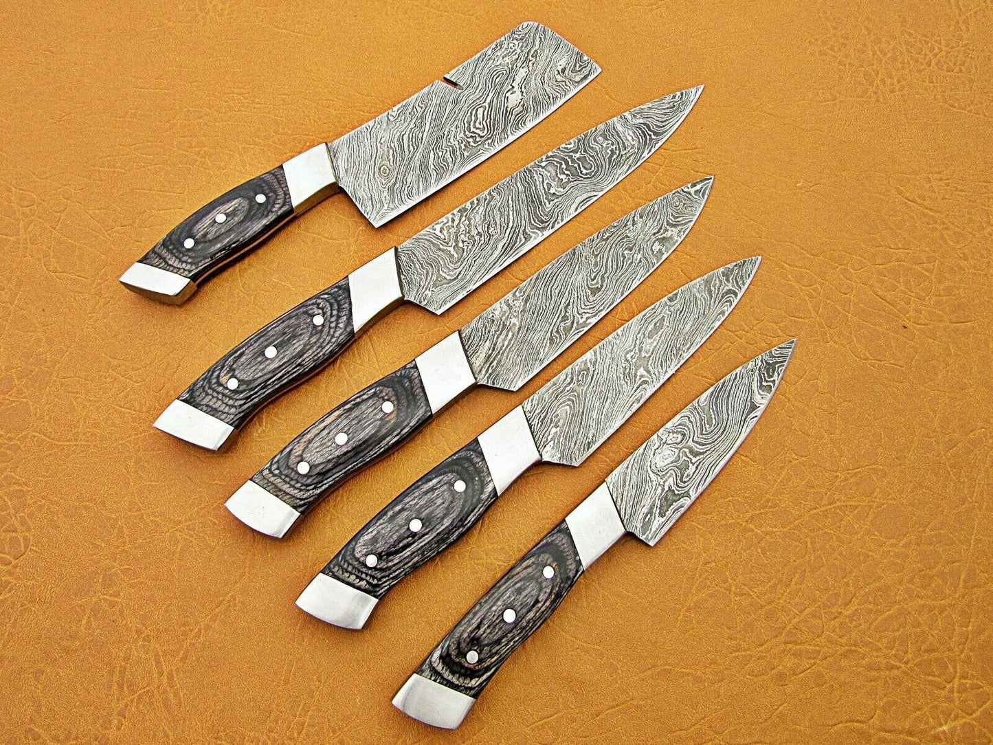 HS-223 Custom Handmade Damascus Kitchen-Chef Knives Set Lot Of Five Pecs With Black Sheet Handle