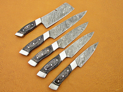 HS-223 Custom Handmade Damascus Kitchen-Chef Knives Set Lot Of Five Pecs With Black Sheet Handle