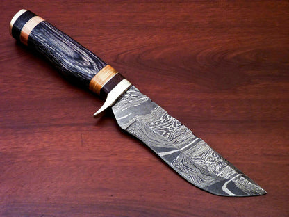 HS-527 Custom Handmade Damascus Hunting Knife With Brass Guard & But Cap - Hard Wood