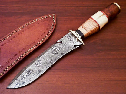 HS-519  Custom Handmade Damascus Hunting Blade Knife With Natural & Hard Wood+Bone Handle