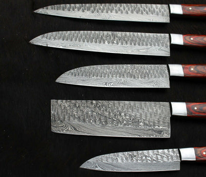 HS-206 Custom Handmade Damascus KItchen-Chef Knives Set Lot Of Five Pecs With Hard Wood Handle