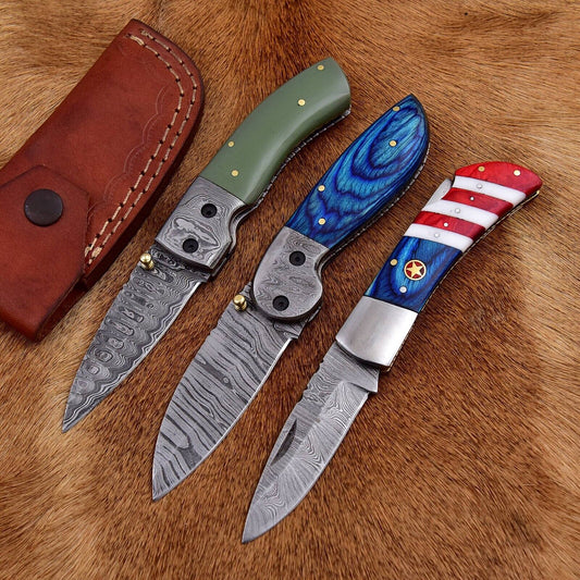 HS Deal 07 - Premium Damascus Folding Knife Set - 3 Pieces with Unique Handles (Green Resin, Blue Wood, USA Design) - Handcrafted Excellence, 512 Layers, and Custom Leather Sheaths