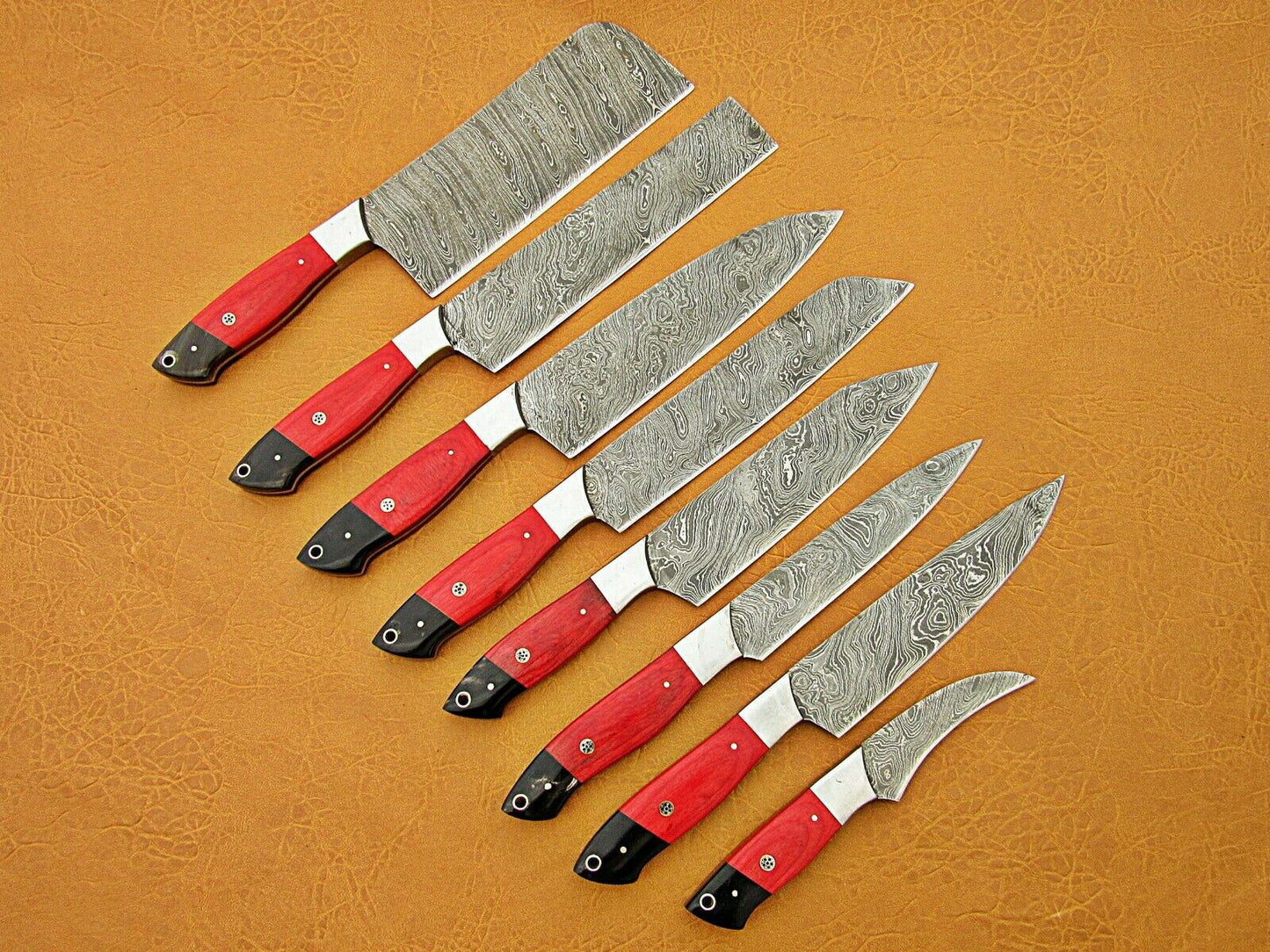 HS-224 Custom Handmade Damascus Kitchen-Chef Knives Set Lot Of 8 Pecs With Bone Handle