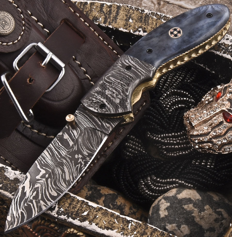 Custom Handmade Damascus Folding-Pocket Knife With Colored Bone Handle