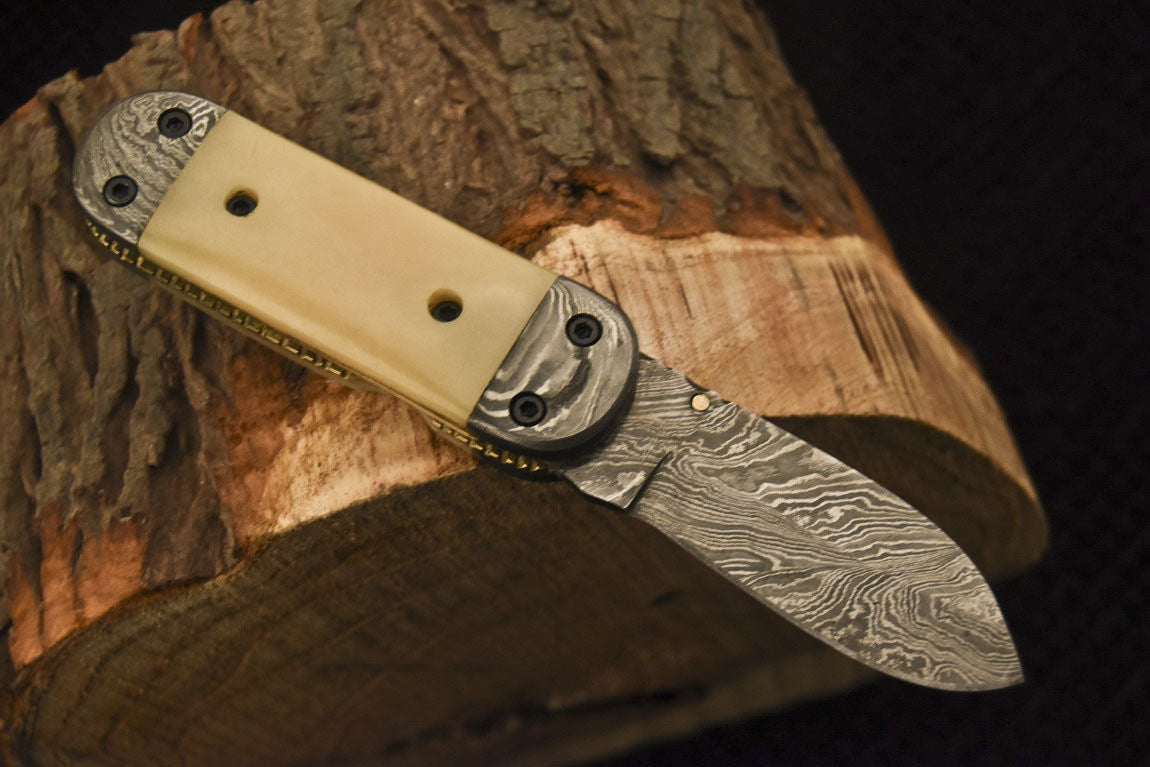 Custom Handmade Damascus Folding/Pocket Knife Liner Lock With Bone Handle