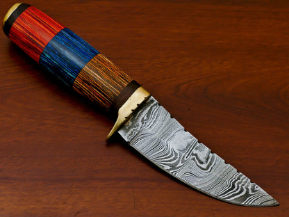 HS-810 Custom Handmade Damascus Skinner Knife With Three Custom Colour  Hard Wood Handle