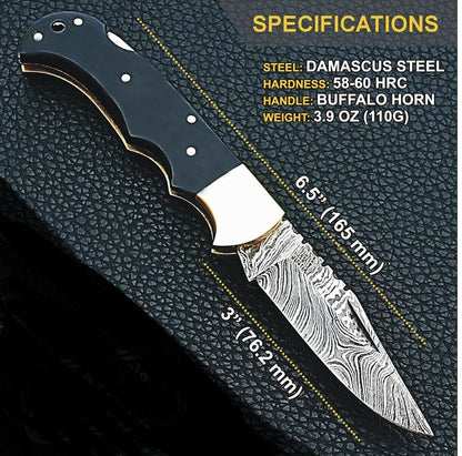 Custom Handmade Damascus Steel Back-Lock Pocket | Folding Knife | Leather Sheath-Olive Wood Handle