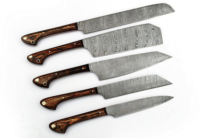 HS-228 Custom Handmade Damascus Kitchen-Chef Knives Set Lot Of Five Pecs With Wood Handle