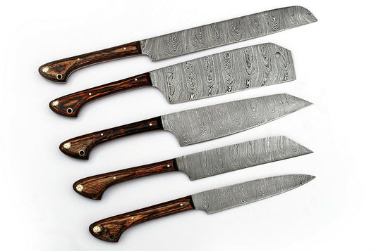 HS-228 Custom Handmade Damascus Kitchen-Chef Knives Set Lot Of Five Pecs With Wood Handle