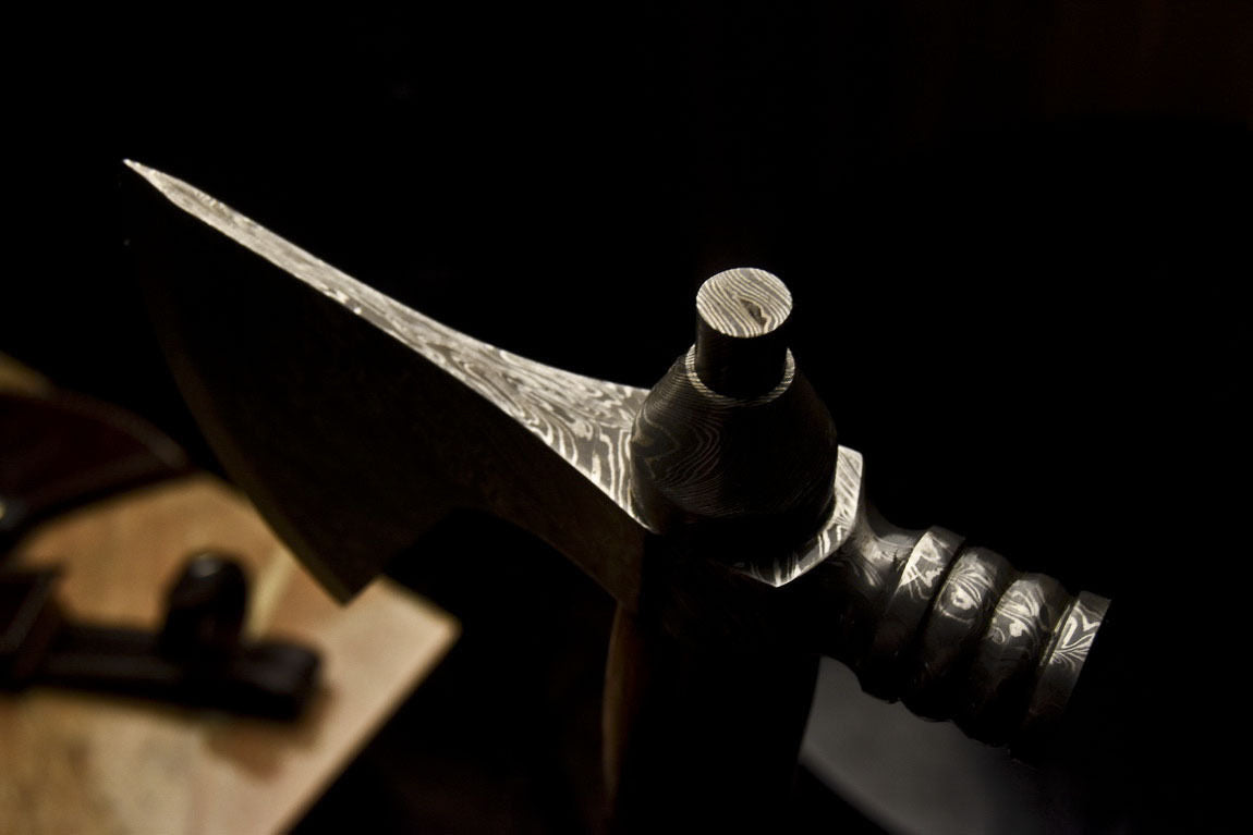HS-1080 | Custom Handmade Damascus Smoking Tomahawk knife, Hatchet, Axe,Integral Natural Wood