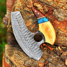 Load image into Gallery viewer, HS-1028 Personalized Damascus Chef Kitchen Ulu Knife Chef Knife Damascus Knife Cocobolo Wood &amp; Olive Wood Resin With Leather Sheath
