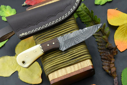HS-850 Custom Handmade Damascus Skinner Knife With Wood and BoneHandle