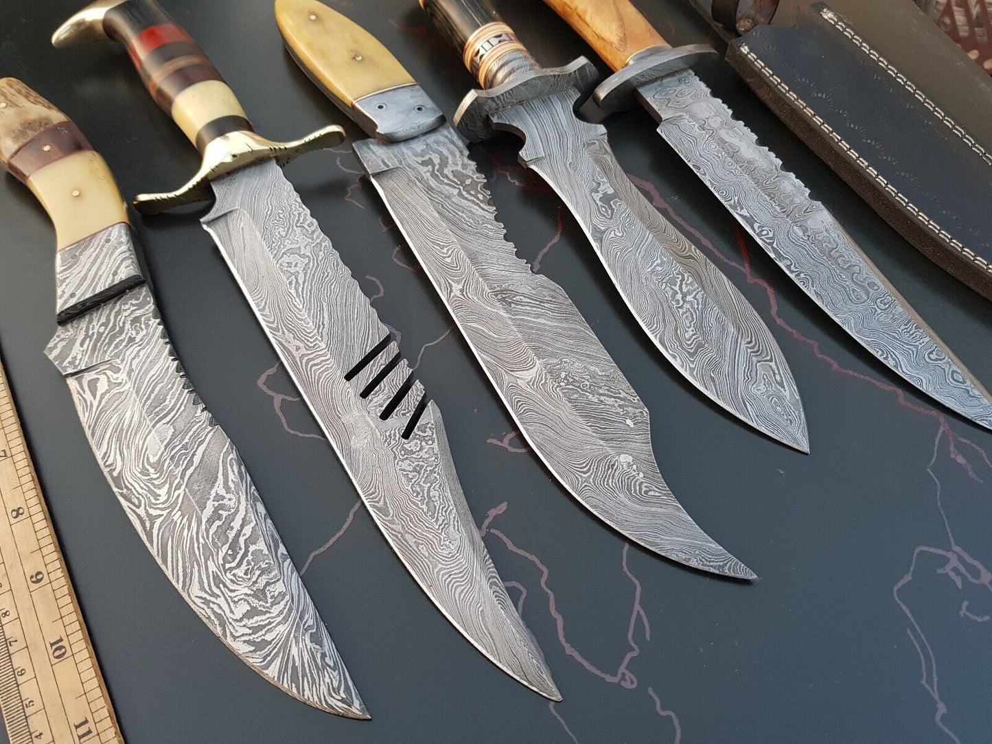 HS Deal 01 - Bundle of 5 Exquisite Custom Damascus Steel Hunting Knives – Handmade for Excellence Craftsmanship in Every Blade.