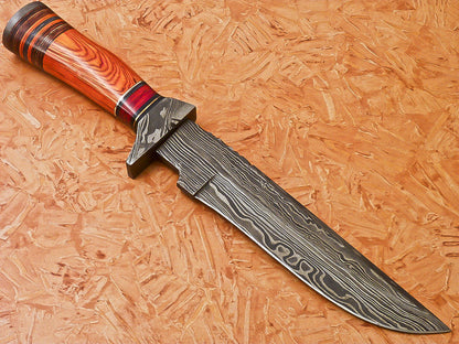 Custom Handmade Damascus Hunting Knife With Hard Wood Handle