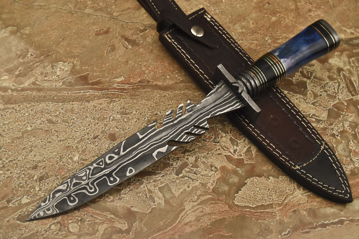 HS-867 Custom Handmade Damascus Dagger Knife With Stained Camel Bone Handle